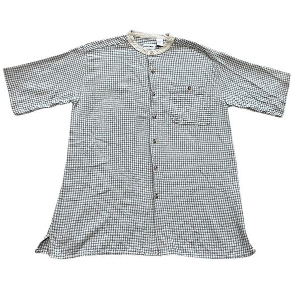 Vtg Puritan Mens L Button Down Shirt Y2K Band Collar Gingham Plaid Short Sleeve - Picture 1 of 5